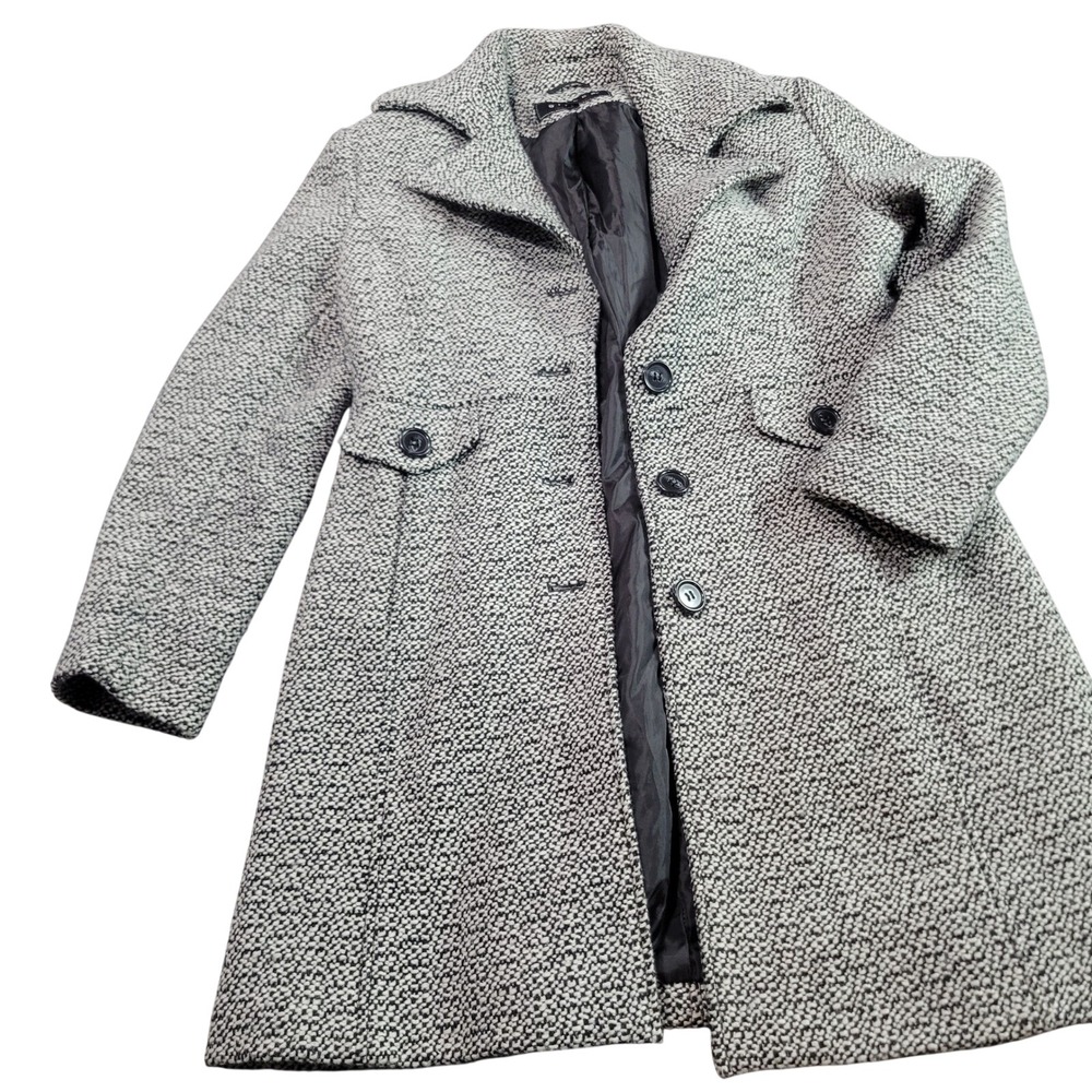 Giacca Gallery Womens Large Black White Wool Blend Tweed Peacoat Martingale Belt